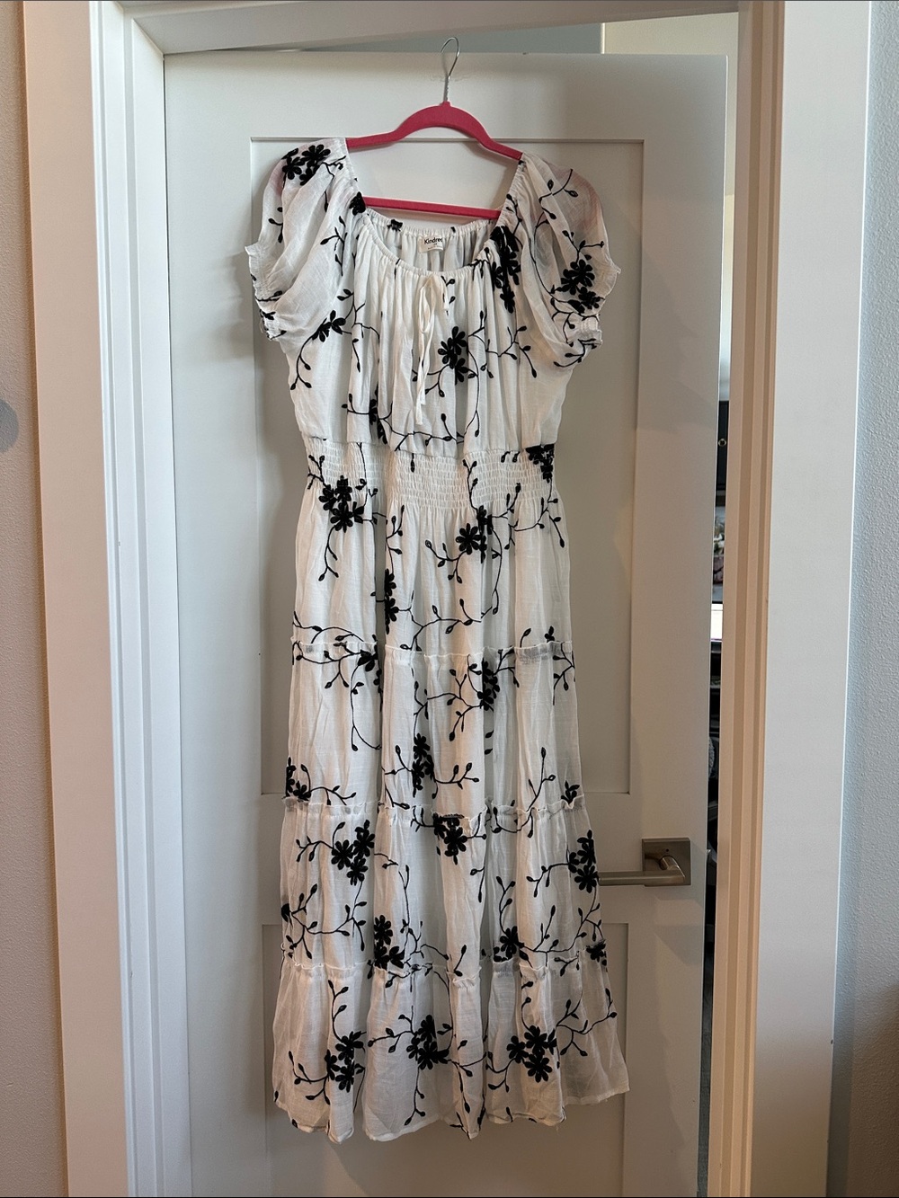 White Maxi Dress with Black Floral Embroidery NWOT